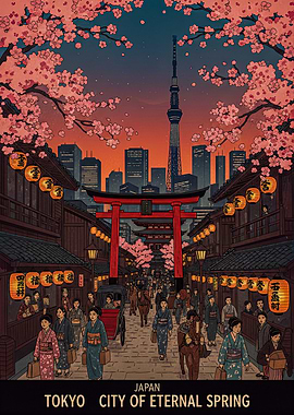 Tokyo Cityscape with Cherry Blossoms