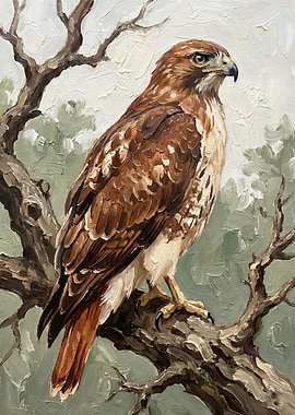 Painting of a Red-Tailed Hawk on a Branch