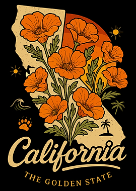 California Poppy Sunset Poster, Golden State Wall Art, Vibrant CA Landscape Print