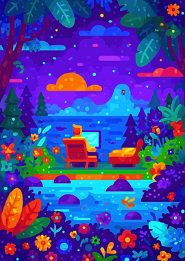 Person with a pc in a vibrant natural landscape