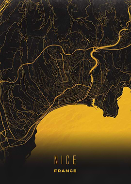 Nice, France - Golden Coastline City Streets Map, Wall Art Poster