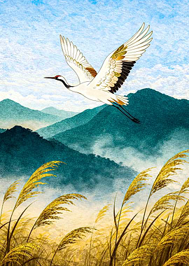 Crane flying over misty mountains