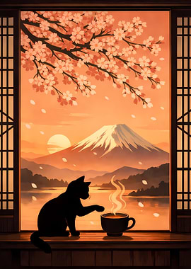 Black Cat and Mount Fuji