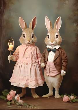 Anthropomorphic Rabbits in Vintage Attire