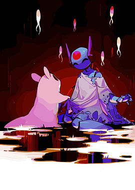 Two alien creatures in a dark, watery environment