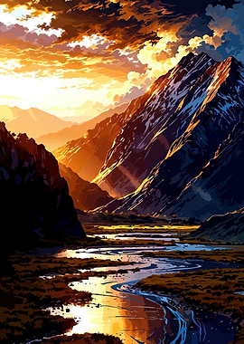 Mountain Valley Sunset River