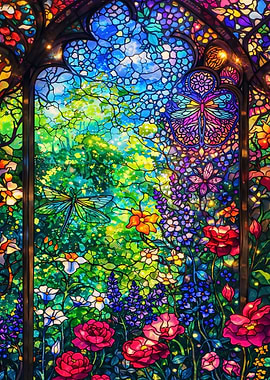 Stained Glass Garden with Dragonflies