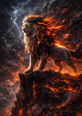 Fiery Lion on Volcanic Cliff