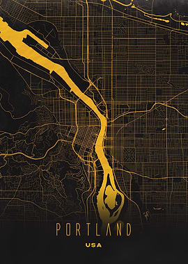 Portland, Oregon - Golden Riverfront City Streets Map, USA Wall Art