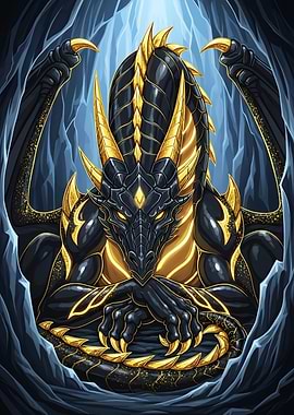 Black and Gold Dragon in Cave