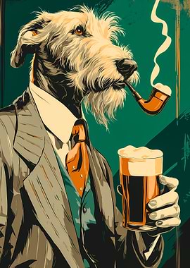 Dapper Dog with Beer and Pipe