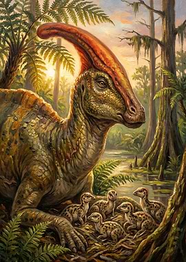 Parasaurolophus mother and chicks in swamp