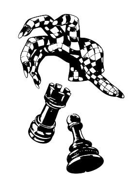 Chess pieces and checkered hand