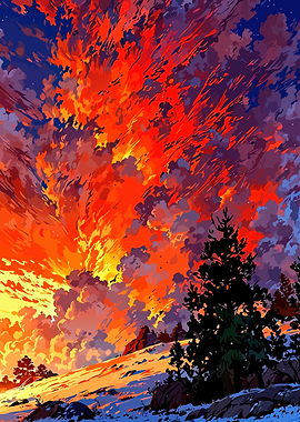 Fiery Sunset Over Snowy Landscape