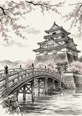 Japanese Castle with Cherry Blossoms and Bridge