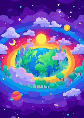 Whimsical Planet Earth in Rainbow Orbit