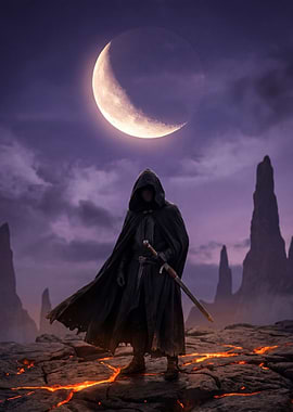 Mysterious Figure Under a Crescent Moon