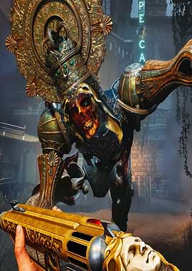 Zombie warrior with ornate armor and golden gun