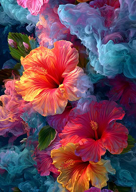 Vibrant Hibiscus Flowers in Smoke