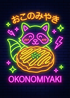 Cute Raccoon with Okonomiyaki Neon Sign
