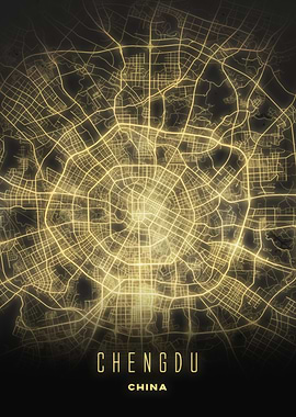 Chengdu, China - Illuminated Ring Roads City Map, Wall Art Poster