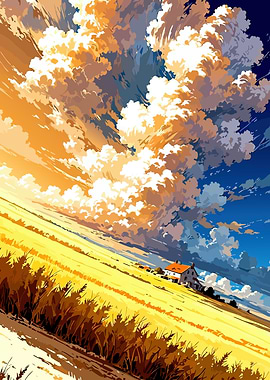 Anime Landscape with House and Clouds
