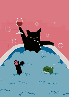 Black Cat Enjoying a Bath with Wine
