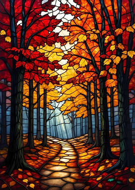 Stained Glass Autumn Forest Path