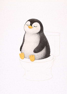Cute Penguin Sitting on Toilet