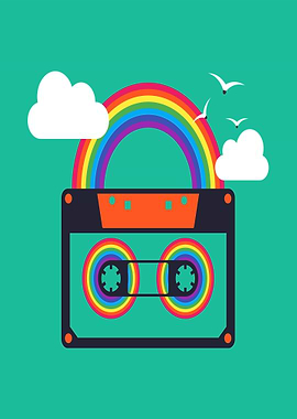 Retro Cassette Tape With Rainbow And Clouds