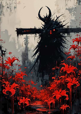 Dark Figure Amidst Red Lilies