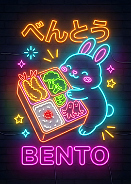 Cute Bunny with Bento Box Neon Art