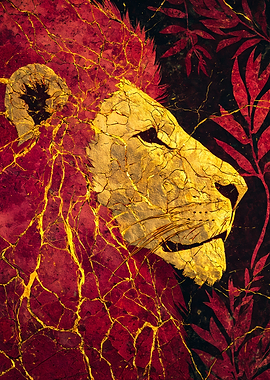 Red Gold Kintsugi Lion Portrait