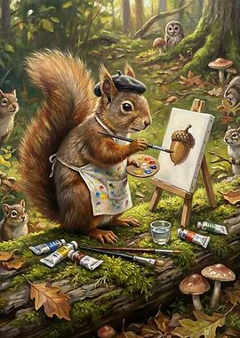 Squirrel Artist Painting an Acorn