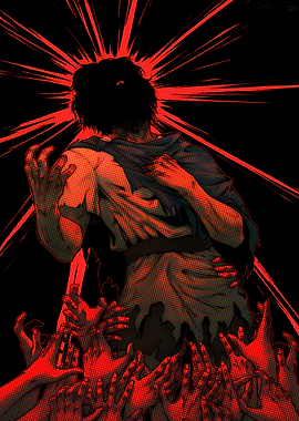 Distressed figure surrounded by red hands