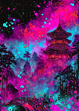 Japanese Pagoda Neon Landscape Art