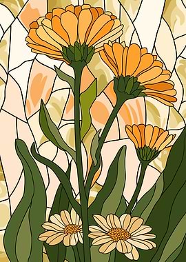 Stained Glass Style Orange Flowers