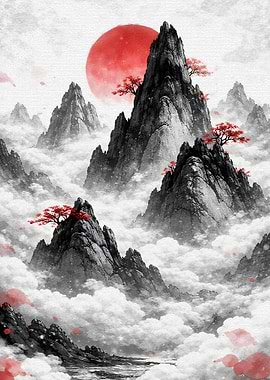 Misty Mountains with Red Sun