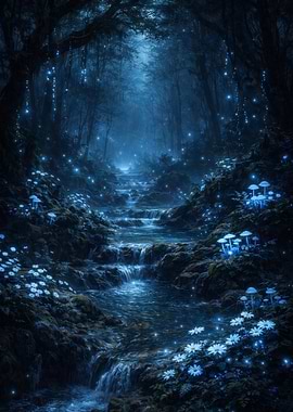 Forest Stream with Fireflies