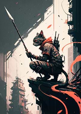 Cyberpunk Cat Warrior with Spear