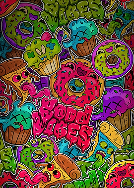 Graffiti Food Characters with 'Good Vibes'