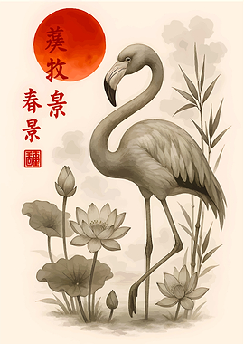 Flamingo and Lotus in Japanese Art Style