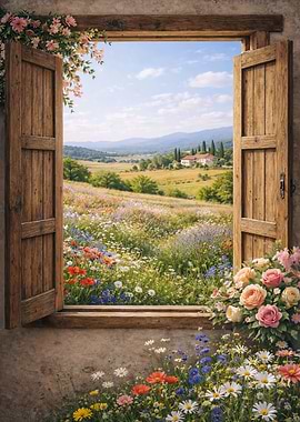 Tuscan Window View with Wildflowers