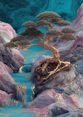 Bonsai Tree by a Turquoise Waterfall