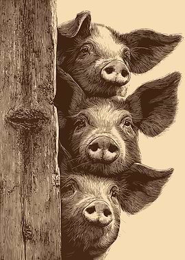 Three Pigs Peeking Over Fence