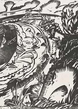 Woodcut Landscape with Rolling Hills and Trees