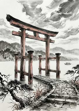 Torii Gate in Water with Stone Path