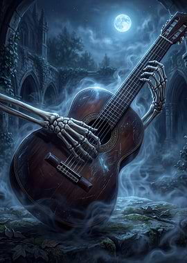 Skeleton playing guitar in ruins