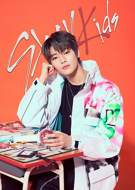 Stray Kids I.N. on Orange Background