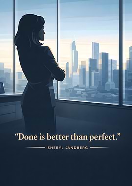 Woman looking at city skyline with quote